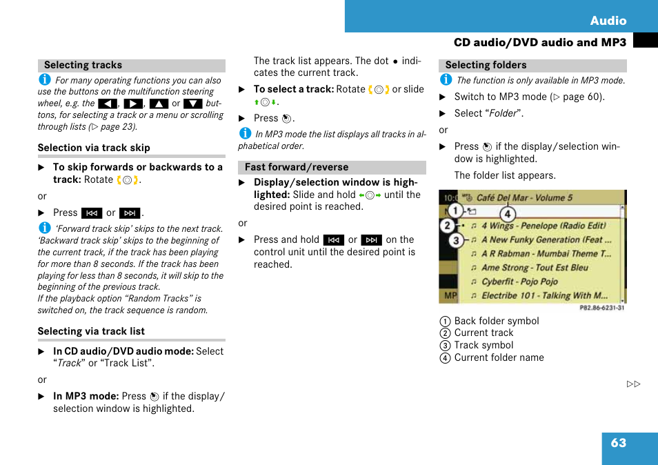 Selecting tracks, Fast forward/reverse, Selecting folders | 63 audio | Mercedes-Benz C-Class 2008 COMAND Manual User Manual | Page 64 / 225