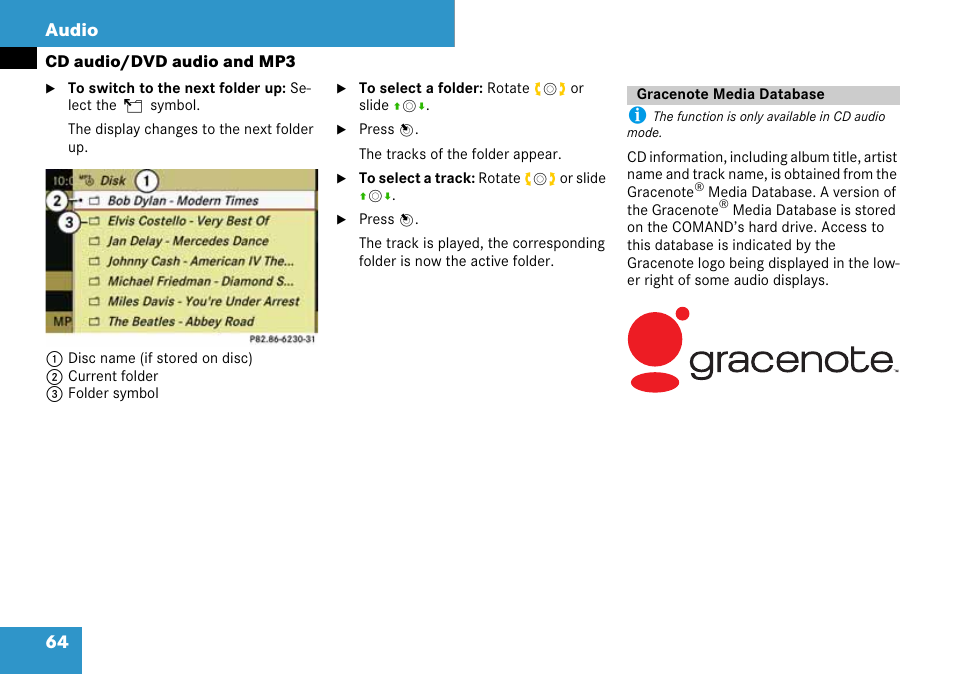 Gracenote media database, 64 audio | Mercedes-Benz C-Class 2008 COMAND Manual User Manual | Page 65 / 225