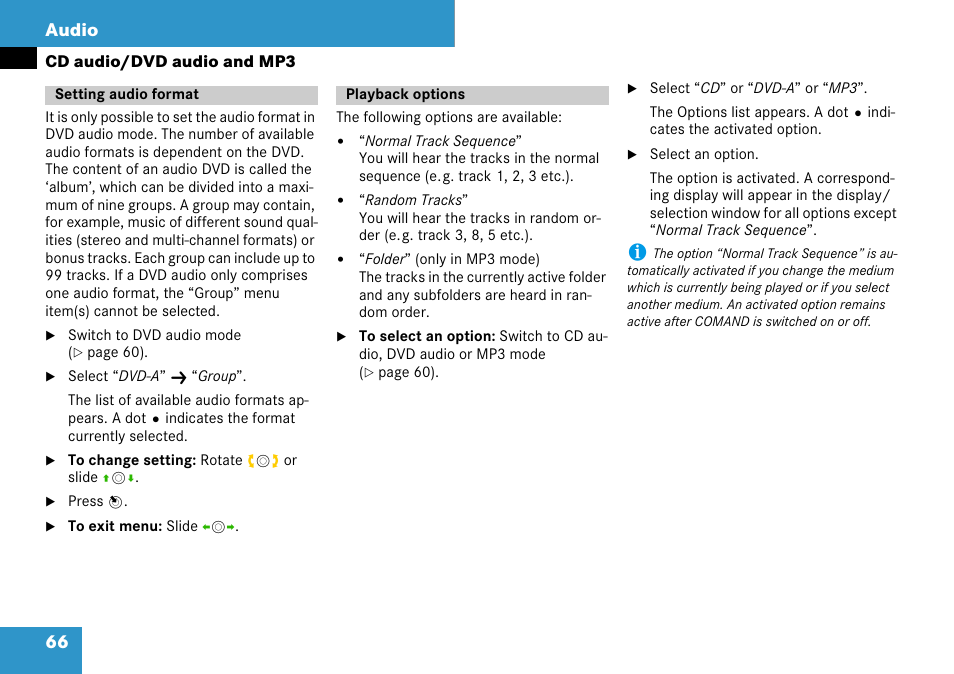 Setting audio format, Playback options, Setting audio format playback options | 66 audio | Mercedes-Benz C-Class 2008 COMAND Manual User Manual | Page 67 / 225