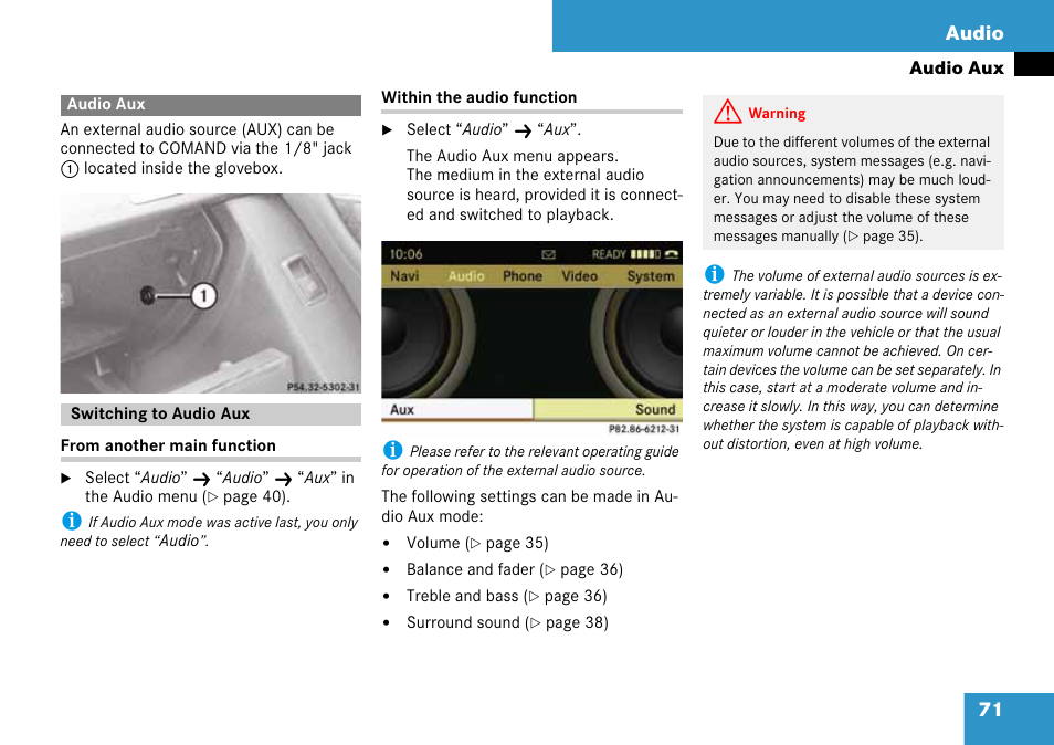 Audio aux, Switching to audio aux, Aux mode | 71 audio | Mercedes-Benz C-Class 2008 COMAND Manual User Manual | Page 72 / 225