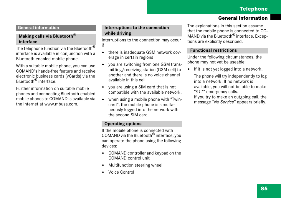 General information, Making calls via bluetooth® interface, Interruptions to the connection while driving | Operating options, Functional restrictions, 85 telephone | Mercedes-Benz C-Class 2008 COMAND Manual User Manual | Page 86 / 225