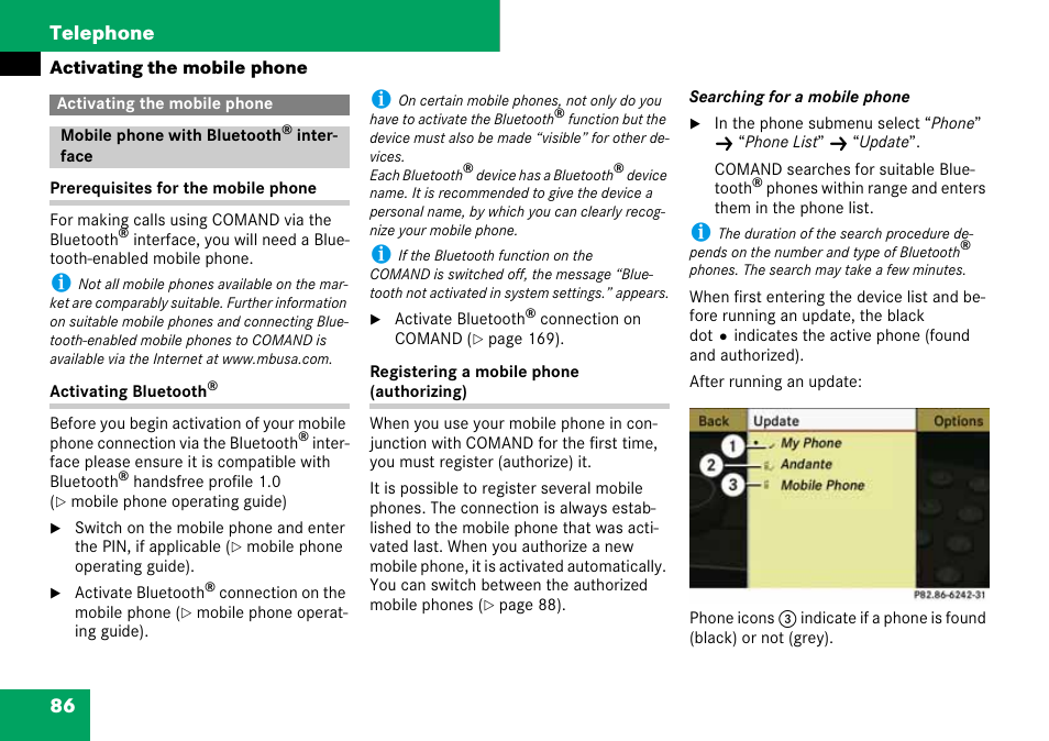 Activating the mobile phone, Mobile phone with bluetooth® interface, Mobile phone with bluetooth | Interface, 86 telephone | Mercedes-Benz C-Class 2008 COMAND Manual User Manual | Page 87 / 225