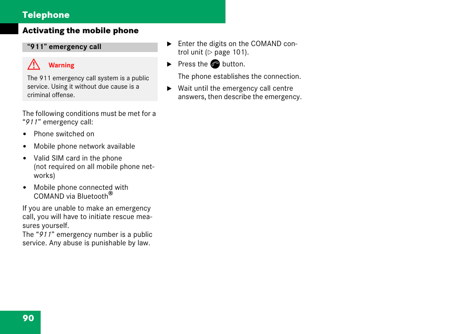 911” emergency call, 90 telephone | Mercedes-Benz C-Class 2008 COMAND Manual User Manual | Page 91 / 225