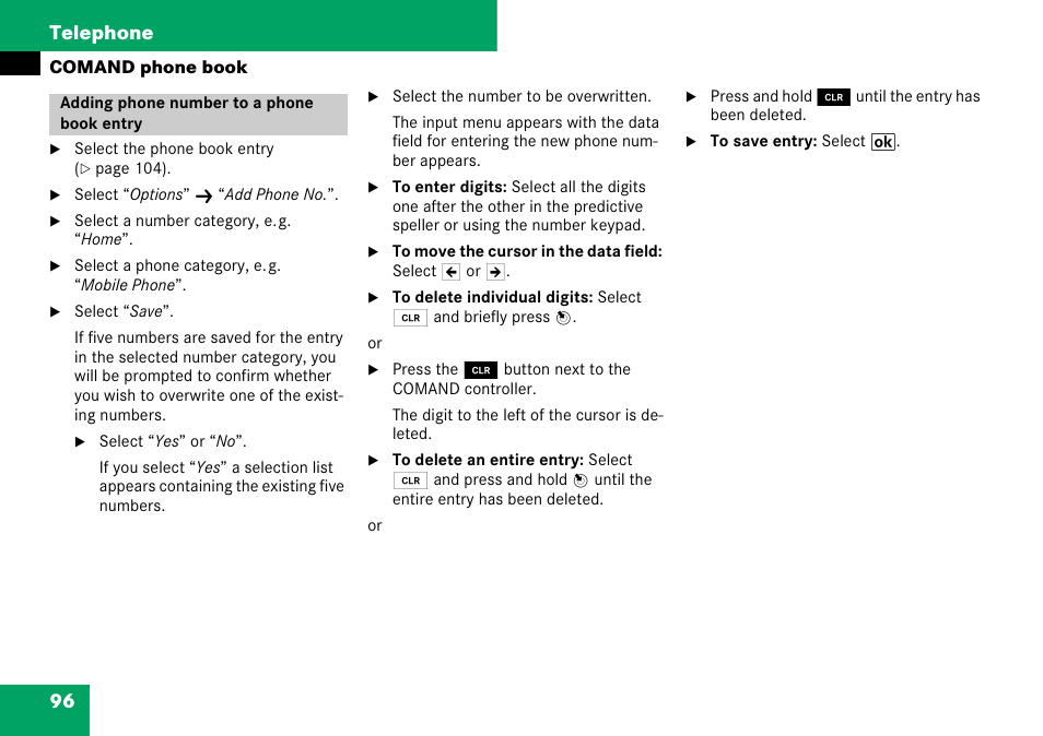 Adding phone number to a phone book entry, 96 telephone | Mercedes-Benz C-Class 2008 COMAND Manual User Manual | Page 97 / 225