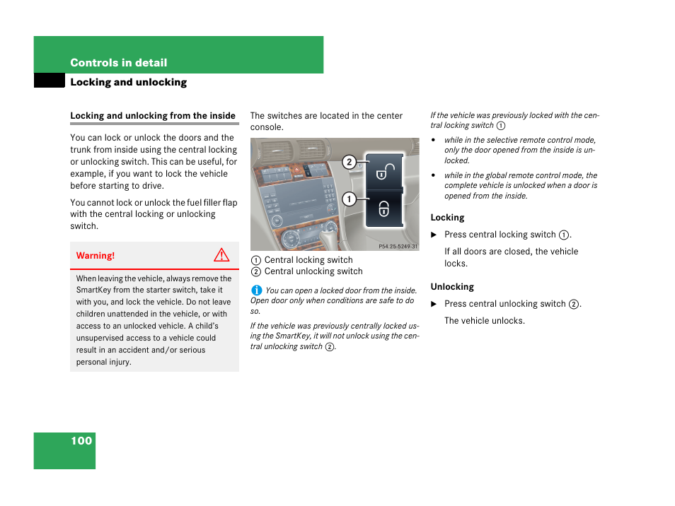 Locking and unlocking from the inside | Mercedes-Benz C-Class 2007 Owners Manual User Manual | Page 101 / 441