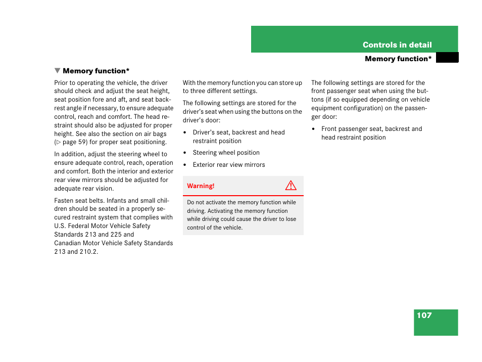Memory function, Tion, Nction | Mercedes-Benz C-Class 2007 Owners Manual User Manual | Page 108 / 441