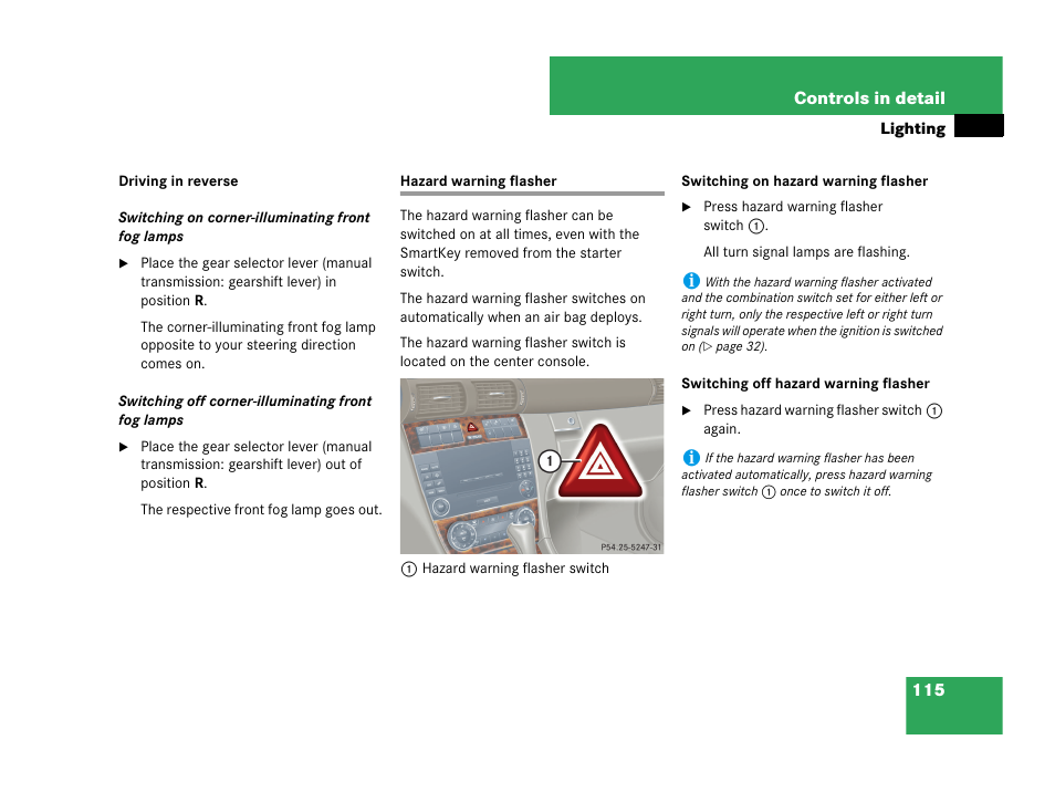 Hazard warning flasher | Mercedes-Benz C-Class 2007 Owners Manual User Manual | Page 116 / 441
