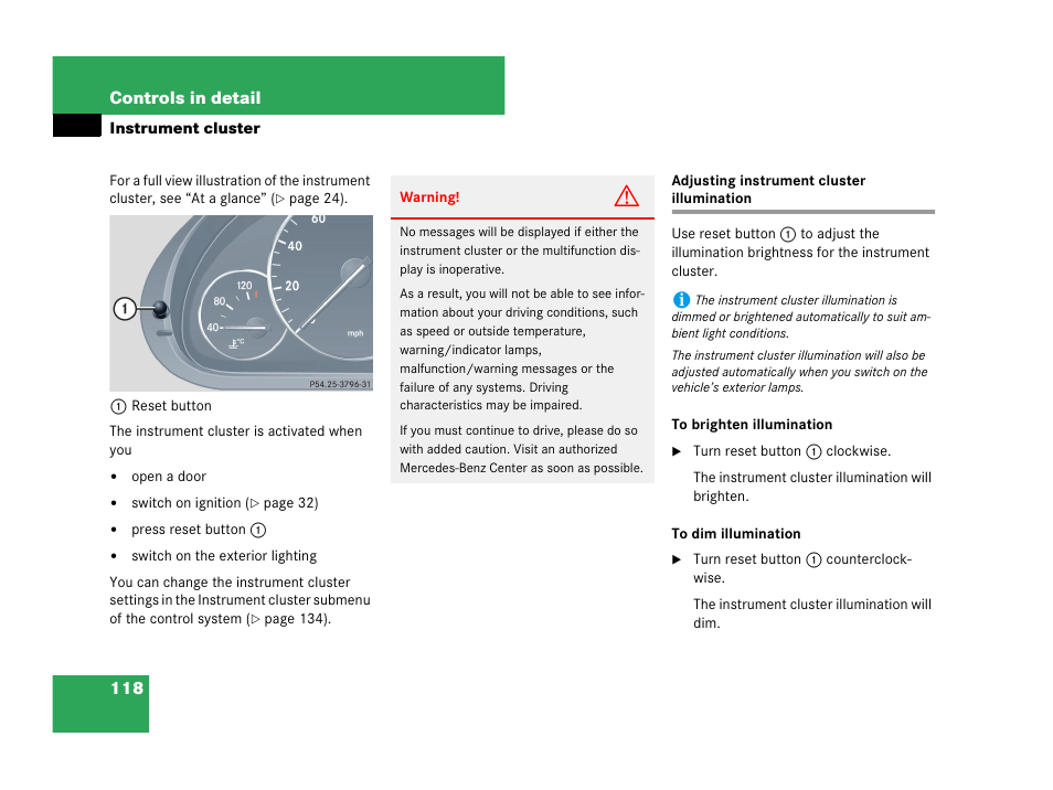 Instrument cluster, Adjusting instrument cluster illumination | Mercedes-Benz C-Class 2007 Owners Manual User Manual | Page 119 / 441