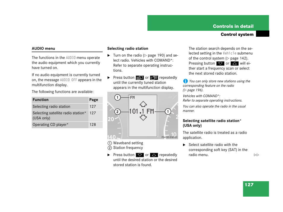 Audio menu | Mercedes-Benz C-Class 2007 Owners Manual User Manual | Page 128 / 441