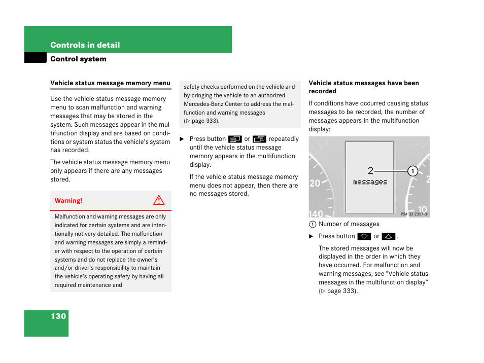 Vehicle status message memory menu | Mercedes-Benz C-Class 2007 Owners Manual User Manual | Page 131 / 441