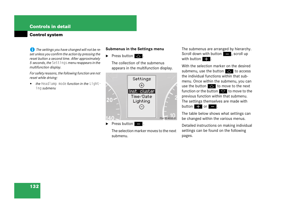See “submenus in the settings menu | Mercedes-Benz C-Class 2007 Owners Manual User Manual | Page 133 / 441