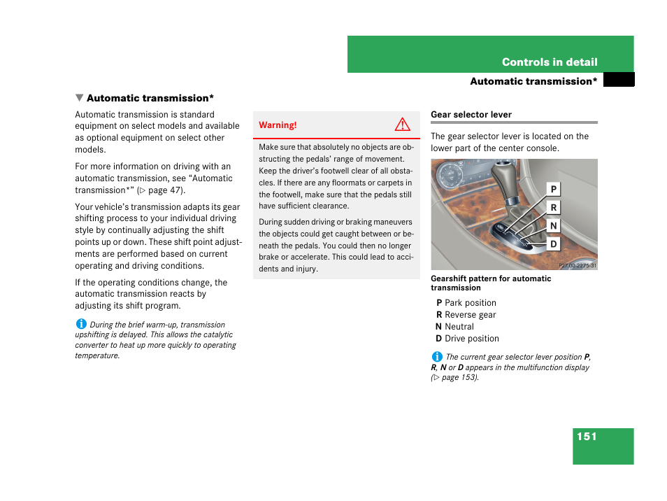 Automatic transmission, Gear selector lever, See “automatic transmission | Mercedes-Benz C-Class 2007 Owners Manual User Manual | Page 152 / 441
