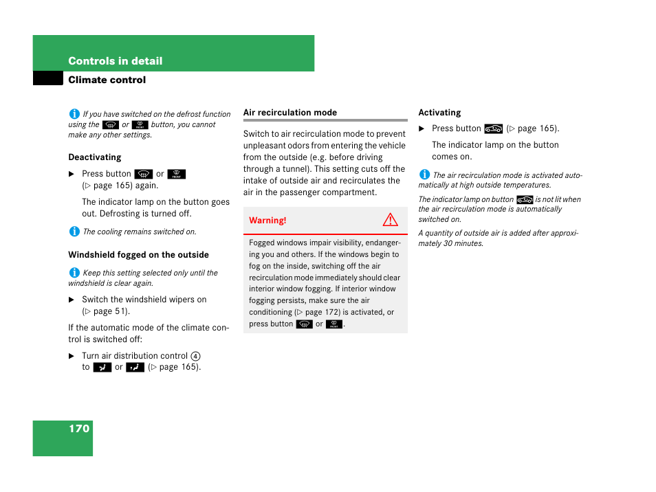 Air recirculation mode | Mercedes-Benz C-Class 2007 Owners Manual User Manual | Page 171 / 441