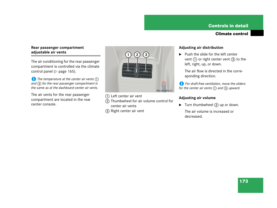 Rear passenger compartment adjustable air vents | Mercedes-Benz C-Class 2007 Owners Manual User Manual | Page 174 / 441