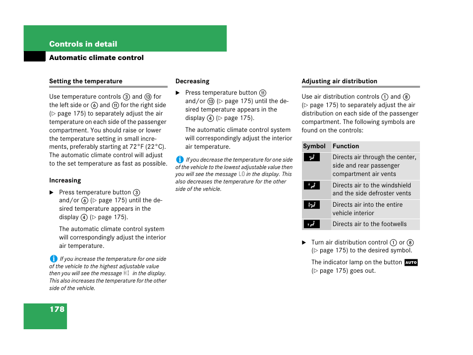 Setting the temperature adjusting air distribution, Air distribution control | Mercedes-Benz C-Class 2007 Owners Manual User Manual | Page 179 / 441