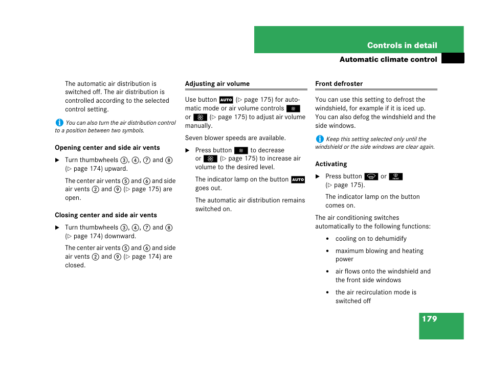 Adjusting air volume front defroster | Mercedes-Benz C-Class 2007 Owners Manual User Manual | Page 180 / 441