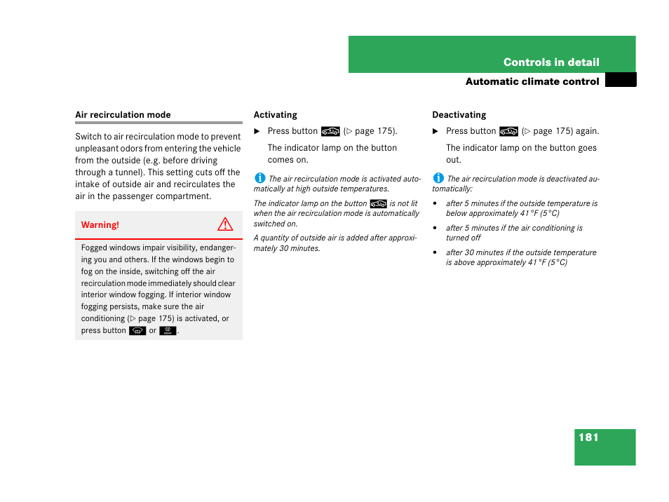 Air recirculation mode | Mercedes-Benz C-Class 2007 Owners Manual User Manual | Page 182 / 441
