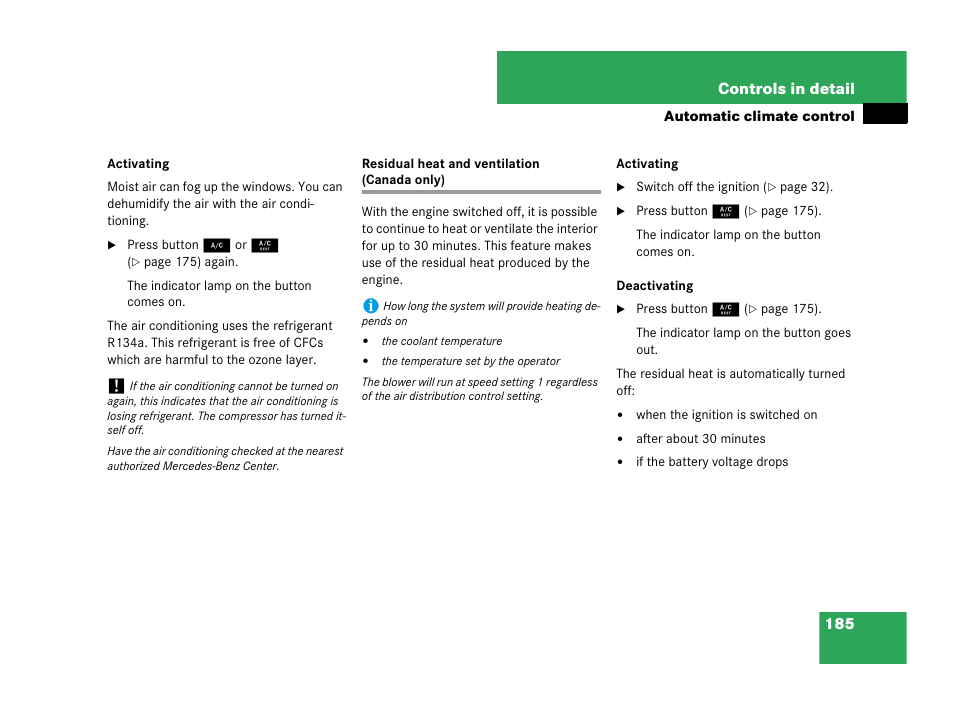 Residual heat and ventilation (canada only) | Mercedes-Benz C-Class 2007 Owners Manual User Manual | Page 186 / 441