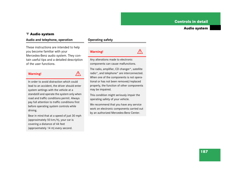 Audio system, Audio and telephone, operation operating safety | Mercedes-Benz C-Class 2007 Owners Manual User Manual | Page 188 / 441