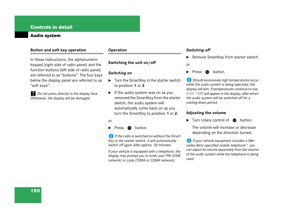 Button and soft key operation operation | Mercedes-Benz C-Class 2007 Owners Manual User Manual | Page 191 / 441
