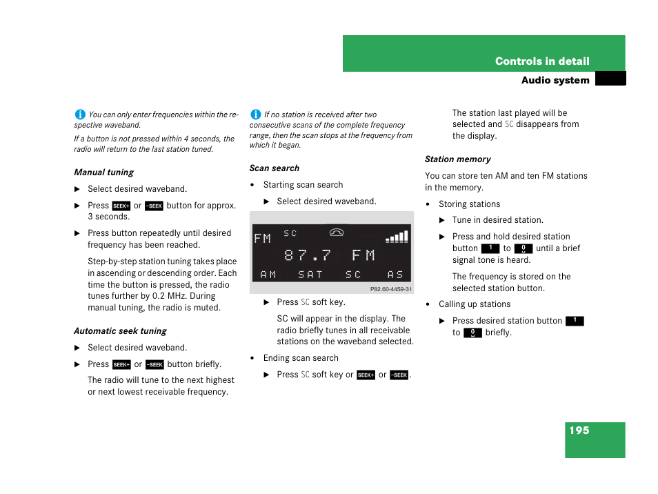 Manual tuning, Seek tuning, Station memory | Mercedes-Benz C-Class 2007 Owners Manual User Manual | Page 196 / 441