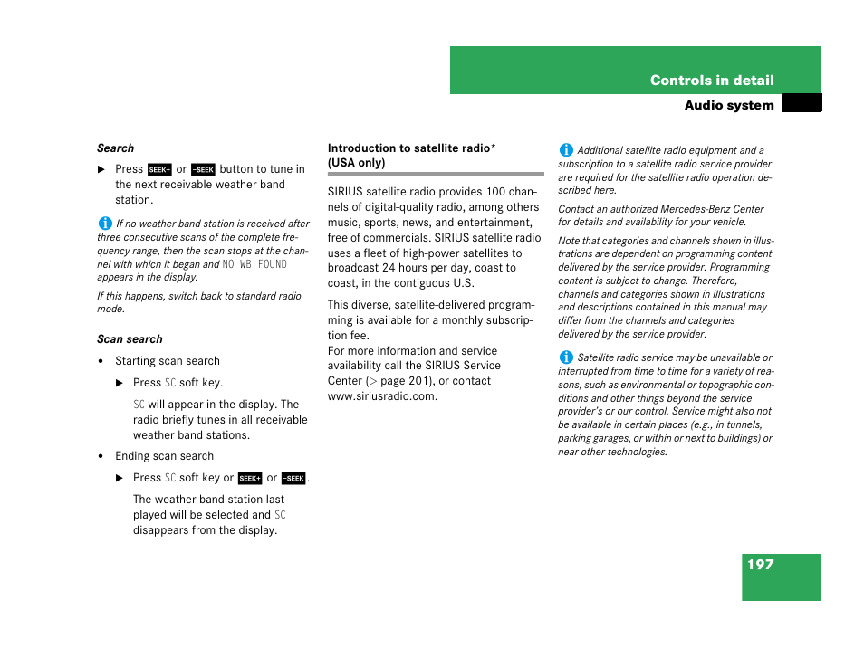 Introduction to satellite radio* (usa only) | Mercedes-Benz C-Class 2007 Owners Manual User Manual | Page 198 / 441