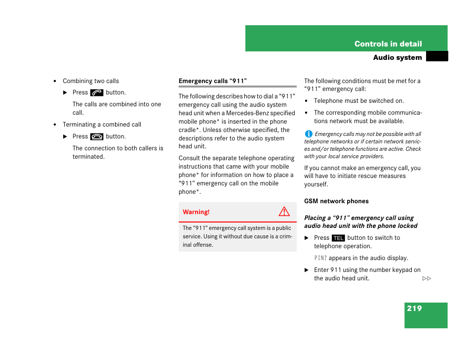 Emergency calls “911 | Mercedes-Benz C-Class 2007 Owners Manual User Manual | Page 220 / 441