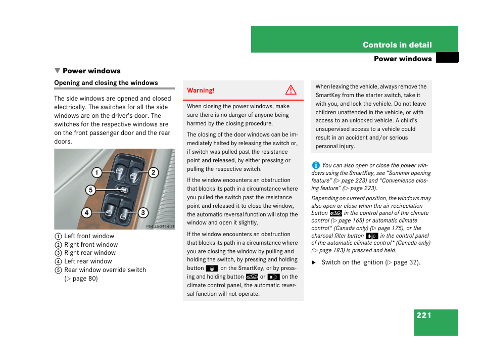 Power windows, Opening and closing the windows, 221 controls in detail | Mercedes-Benz C-Class 2007 Owners Manual User Manual | Page 222 / 441