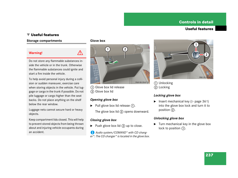 Useful features, Storage compartments, See “useful features | Mercedes-Benz C-Class 2007 Owners Manual User Manual | Page 238 / 441