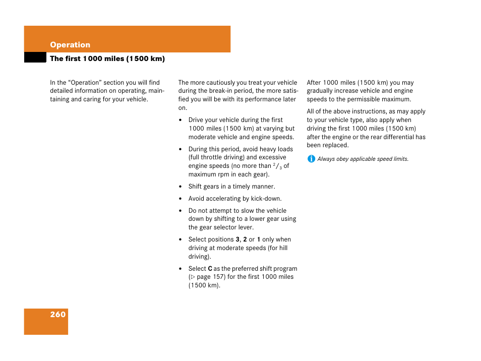 The first 1000 miles (1500 km), 260 operation | Mercedes-Benz C-Class 2007 Owners Manual User Manual | Page 261 / 441
