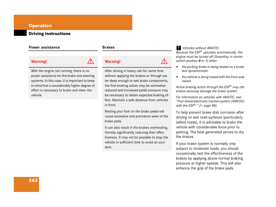 Power assistance brakes, 262 operation | Mercedes-Benz C-Class 2007 Owners Manual User Manual | Page 263 / 441