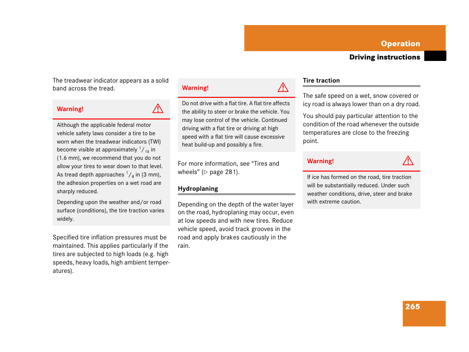 Hydroplaning tire traction | Mercedes-Benz C-Class 2007 Owners Manual User Manual | Page 266 / 441