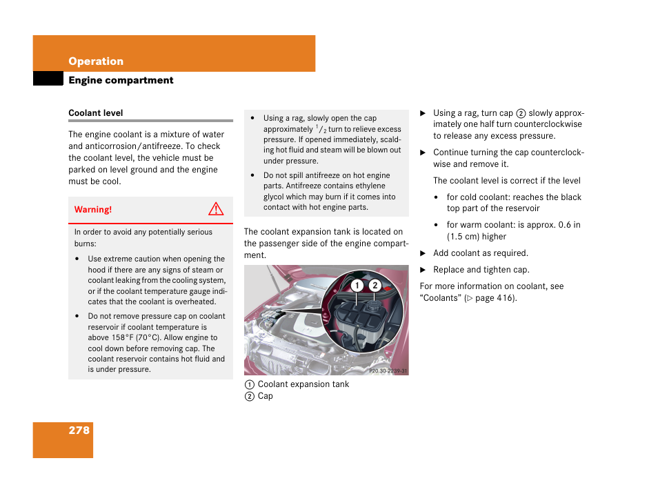 Coolant level, See “coolant level, 278 operation | Mercedes-Benz C-Class 2007 Owners Manual User Manual | Page 279 / 441