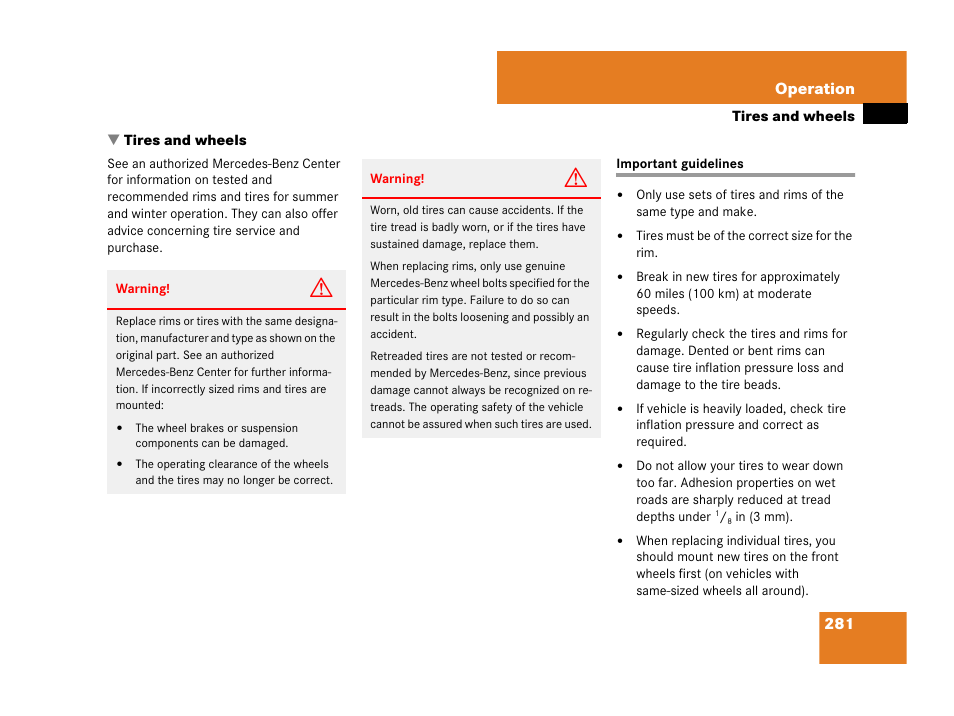 Tires and wheels, Important guidelines, 281 operation | Mercedes-Benz C-Class 2007 Owners Manual User Manual | Page 282 / 441