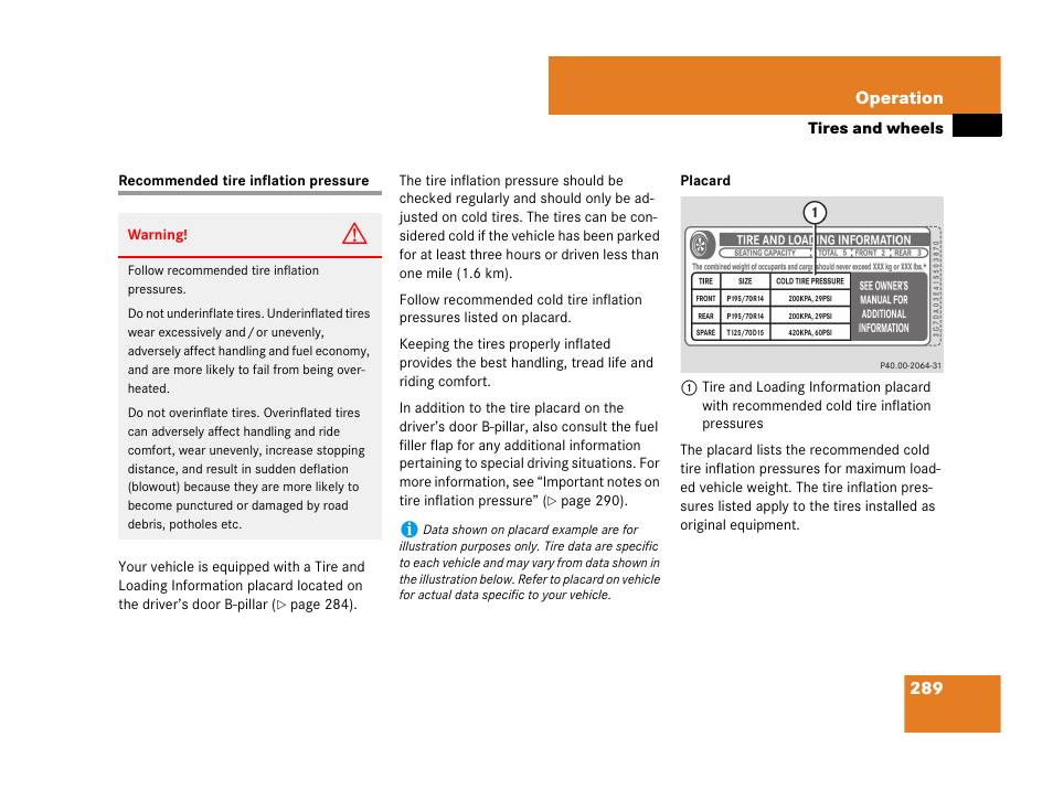 Recommended tire inflation pressure | Mercedes-Benz C-Class 2007 Owners Manual User Manual | Page 290 / 441