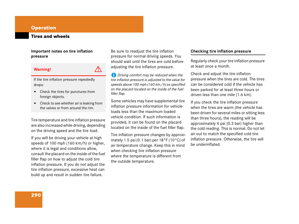 Checking tire inflation pressure | Mercedes-Benz C-Class 2007 Owners Manual User Manual | Page 291 / 441