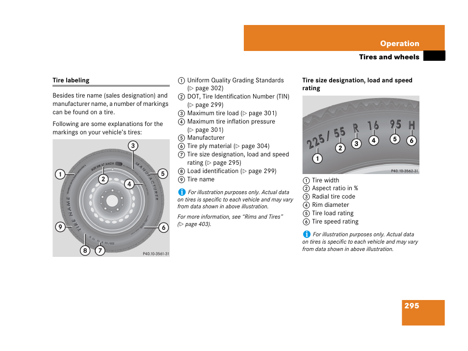 Tire labeling, See “tire size designation, load and speed rating | Mercedes-Benz C-Class 2007 Owners Manual User Manual | Page 296 / 441
