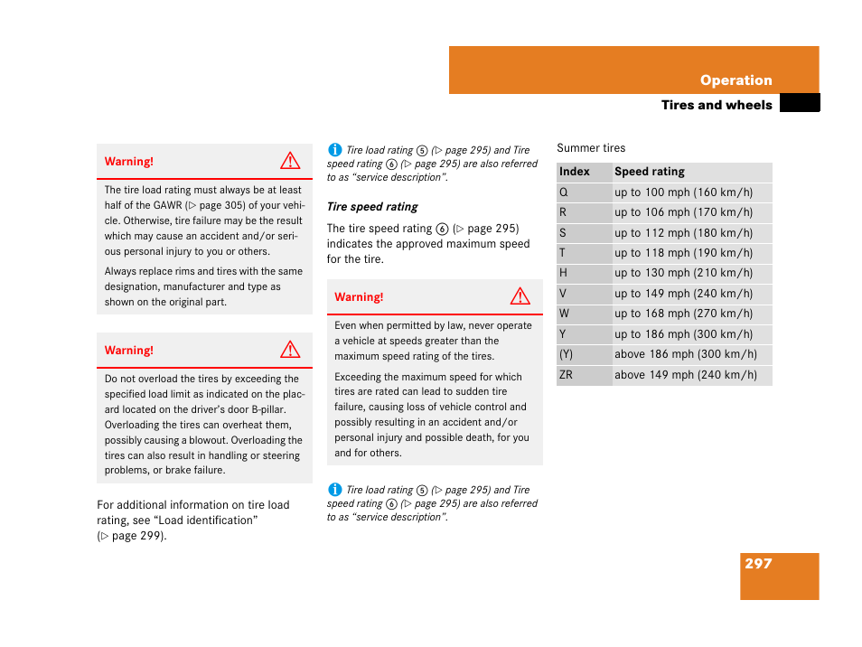 See “tire speed rating, On, see “tire speed rating | Mercedes-Benz C-Class 2007 Owners Manual User Manual | Page 298 / 441