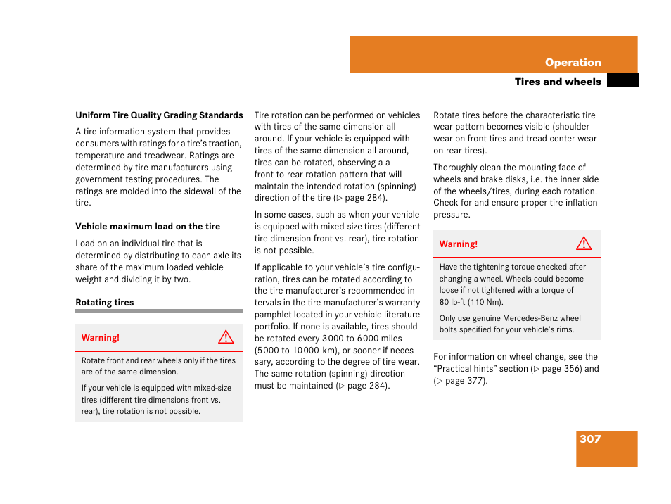 Rotating tires | Mercedes-Benz C-Class 2007 Owners Manual User Manual | Page 308 / 441