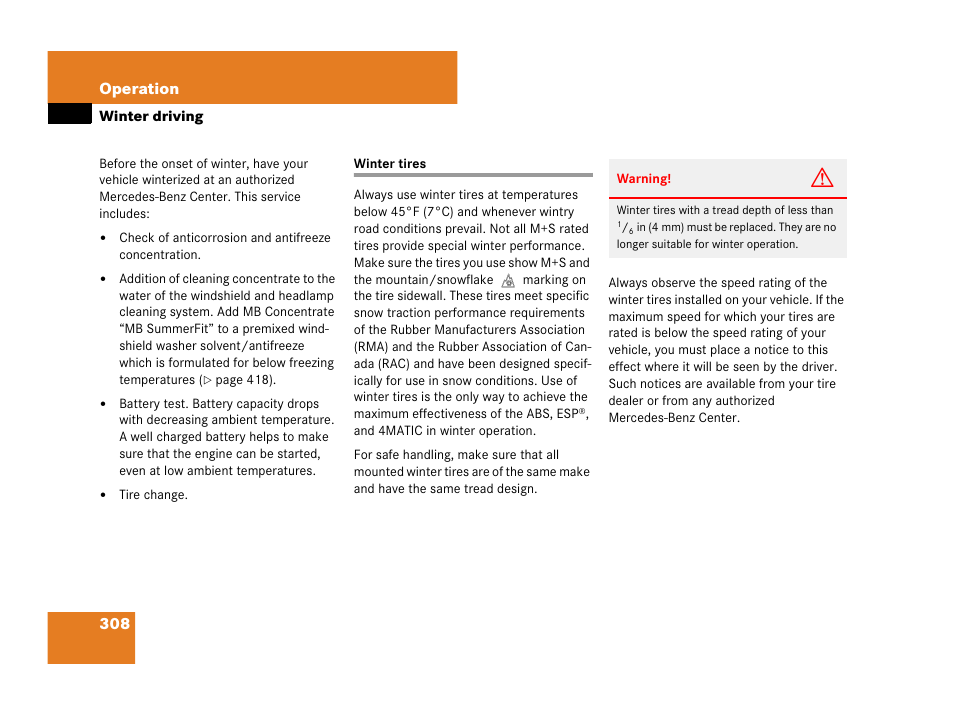 Winter driving, Winter tires, Tires, see “winter tires | On, see “winter driving, 308 operation | Mercedes-Benz C-Class 2007 Owners Manual User Manual | Page 309 / 441