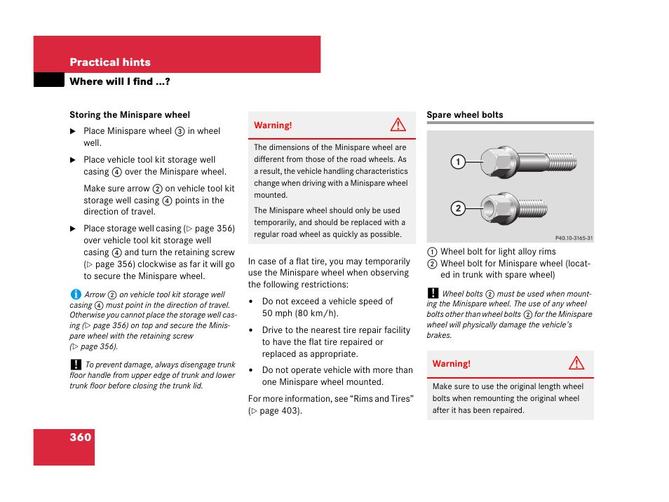 Spare wheel bolts | Mercedes-Benz C-Class 2007 Owners Manual User Manual | Page 361 / 441