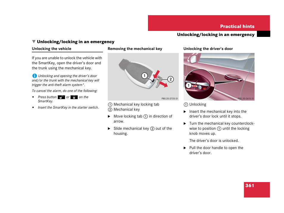 Unlocking/locking in an emergency, Unlocking the vehicle, Er’s door | Mercedes-Benz C-Class 2007 Owners Manual User Manual | Page 362 / 441