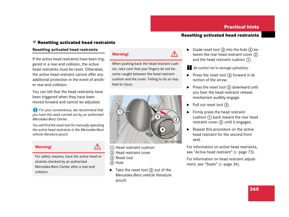 Resetting activated head restraints | Mercedes-Benz C-Class 2007 Owners Manual User Manual | Page 366 / 441
