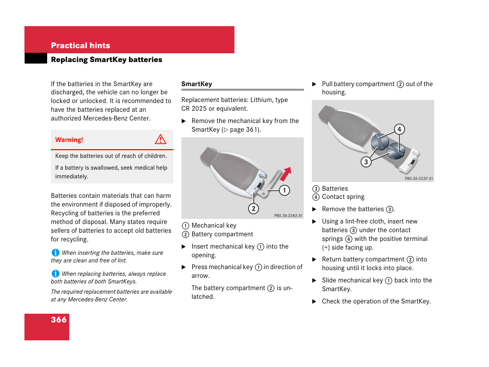 Replacing smartkey batteries, Smartkey | Mercedes-Benz C-Class 2007 Owners Manual User Manual | Page 367 / 441