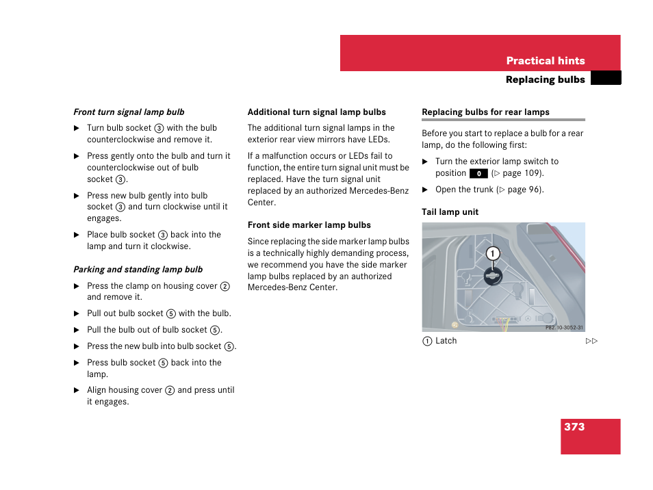 Replacing bulbs for rear lamps | Mercedes-Benz C-Class 2007 Owners Manual User Manual | Page 374 / 441