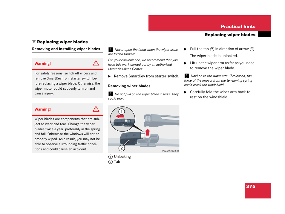 Replacing wiper blades, Removing and installing wiper blades | Mercedes-Benz C-Class 2007 Owners Manual User Manual | Page 376 / 441