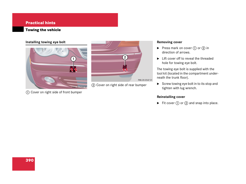 Installing towing eye bolt | Mercedes-Benz C-Class 2007 Owners Manual User Manual | Page 391 / 441
