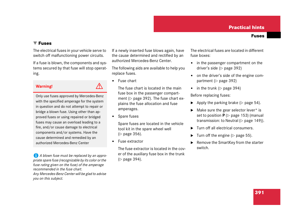 Fuses, 391 practical hints | Mercedes-Benz C-Class 2007 Owners Manual User Manual | Page 392 / 441