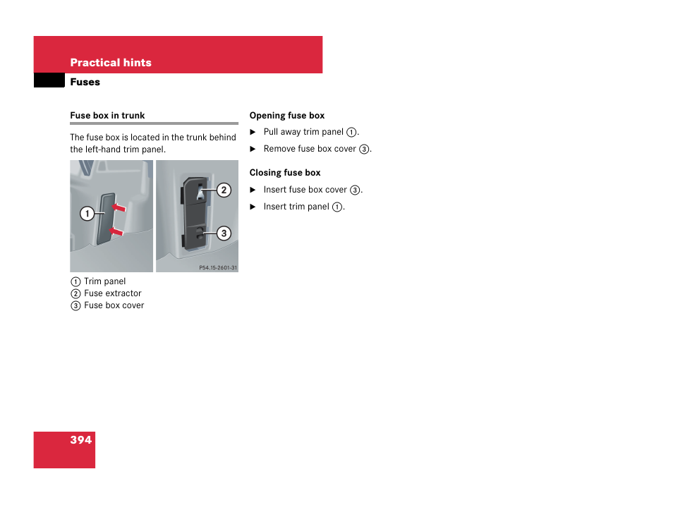 Fuse box in trunk, Trunk | Mercedes-Benz C-Class 2007 Owners Manual User Manual | Page 395 / 441
