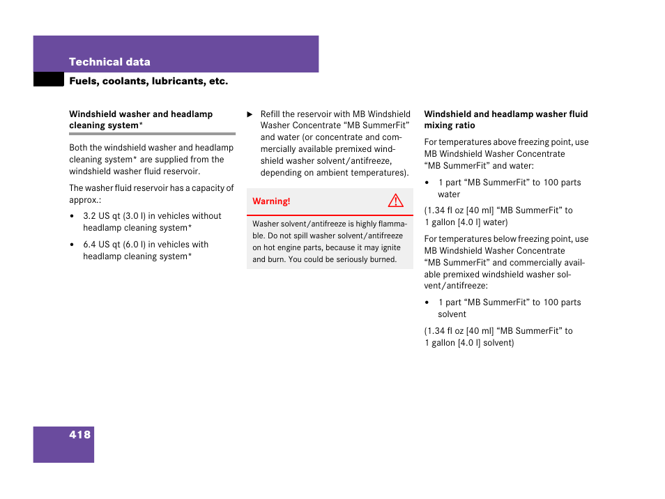 Windshield washer and headlamp cleaning system | Mercedes-Benz C-Class 2007 Owners Manual User Manual | Page 419 / 441